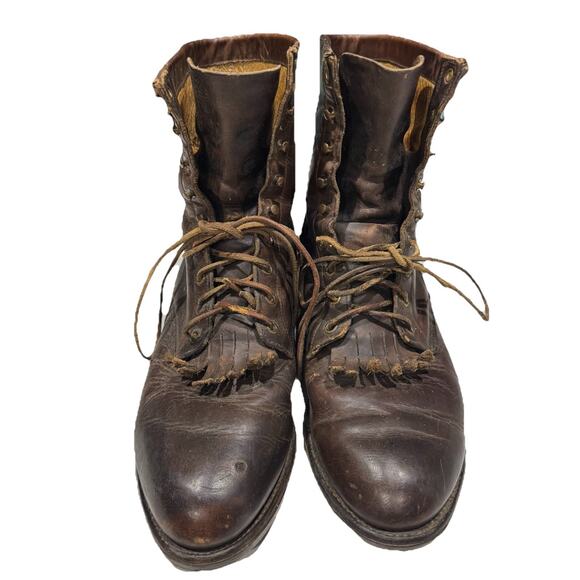 JUSTIN Brown Leather Lace Up Cowboy Boots Mens Size 9.5 B Roper 575 USA - Picture 4 of 10